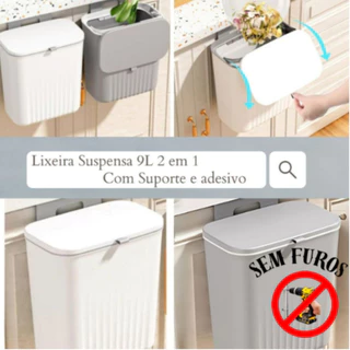 Lixeira Suspensa Pendurável 9L Com Tampa Suporte Plástico Auto Adesivo de parede Cozinha Banheiro