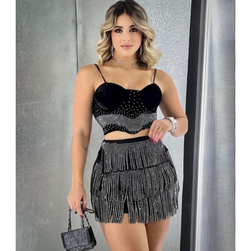 Conjunto Feminino Veludo Franja Pedraria Cropped/ Blusa Alcinha Saia ...