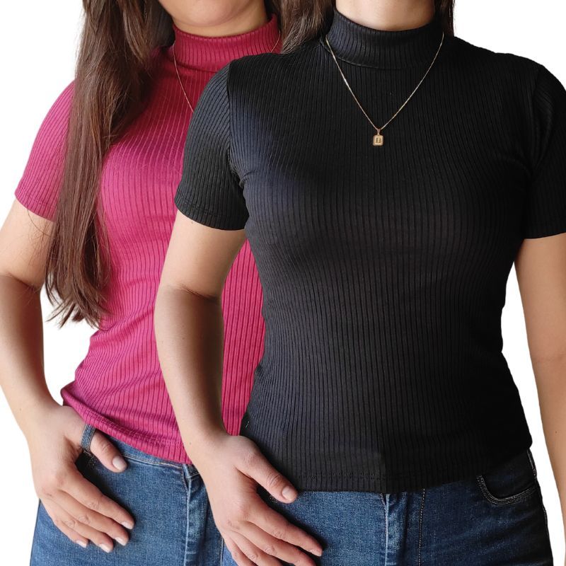 Kit 5 Blusas Canelada Feminina Gola Alta Manga Curta | Shopee Brasil