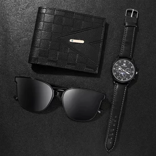 Kit Masculino Empresarial Retrô: Relógio de Quartzo, Carteira e Óculos