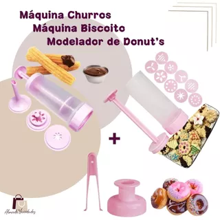 Kit Maquina de Churros Bisnaga Biscoito e Cortador Modelador de Donuts Caseiro Manual