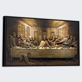 Quadro C/ Moldura Santa Ceia Com Jesus efeito 3D Canvas Ref18 - 63x93cm