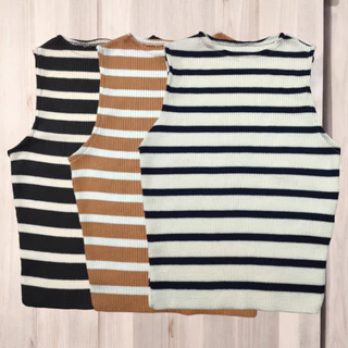 Blusa Listrada Feminina tricot Kit 3 Regata Listrada Básica Bicolor Americana Cropped