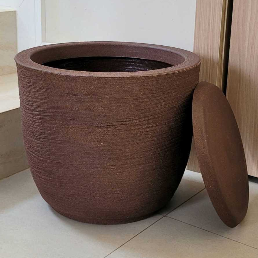 Vaso de Plástico Polietileno para Plantas com Prato Bojo Redondo Textura Grafiato Tamanho Médio