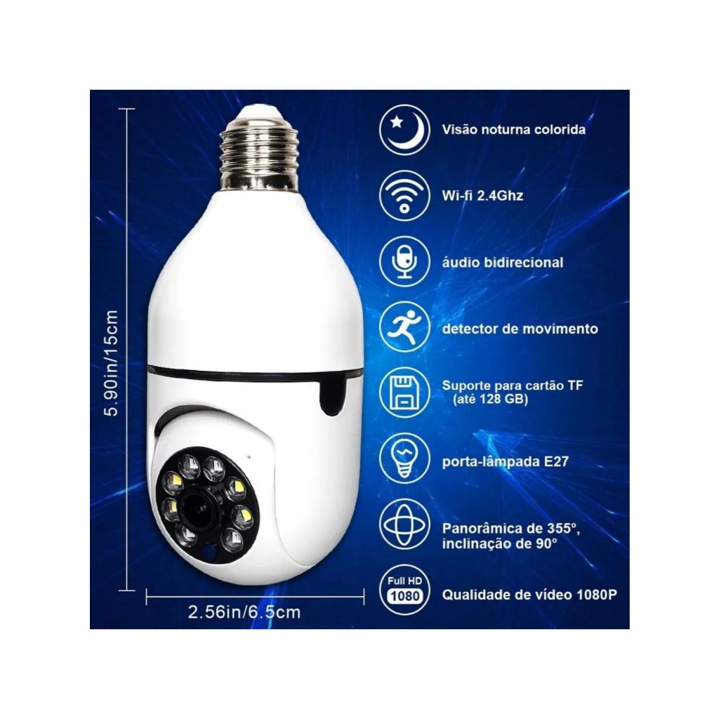 Câmera Segurança Lâmpada 360 Wifi Ip Full Hd 1080p Sem Fio Visão Noturna Colorida Jortan JT-8177 Detecção Movimento Rosca Boca