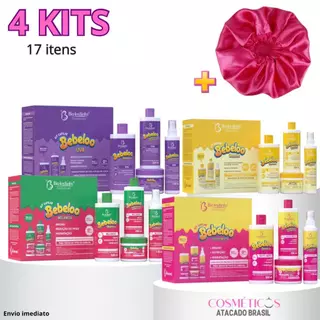 4 kits Bebelo Bio Instinto + 1 Touca Cetim Hidratação Brilho Lisos Ondulados Ressecados Salão Beleza