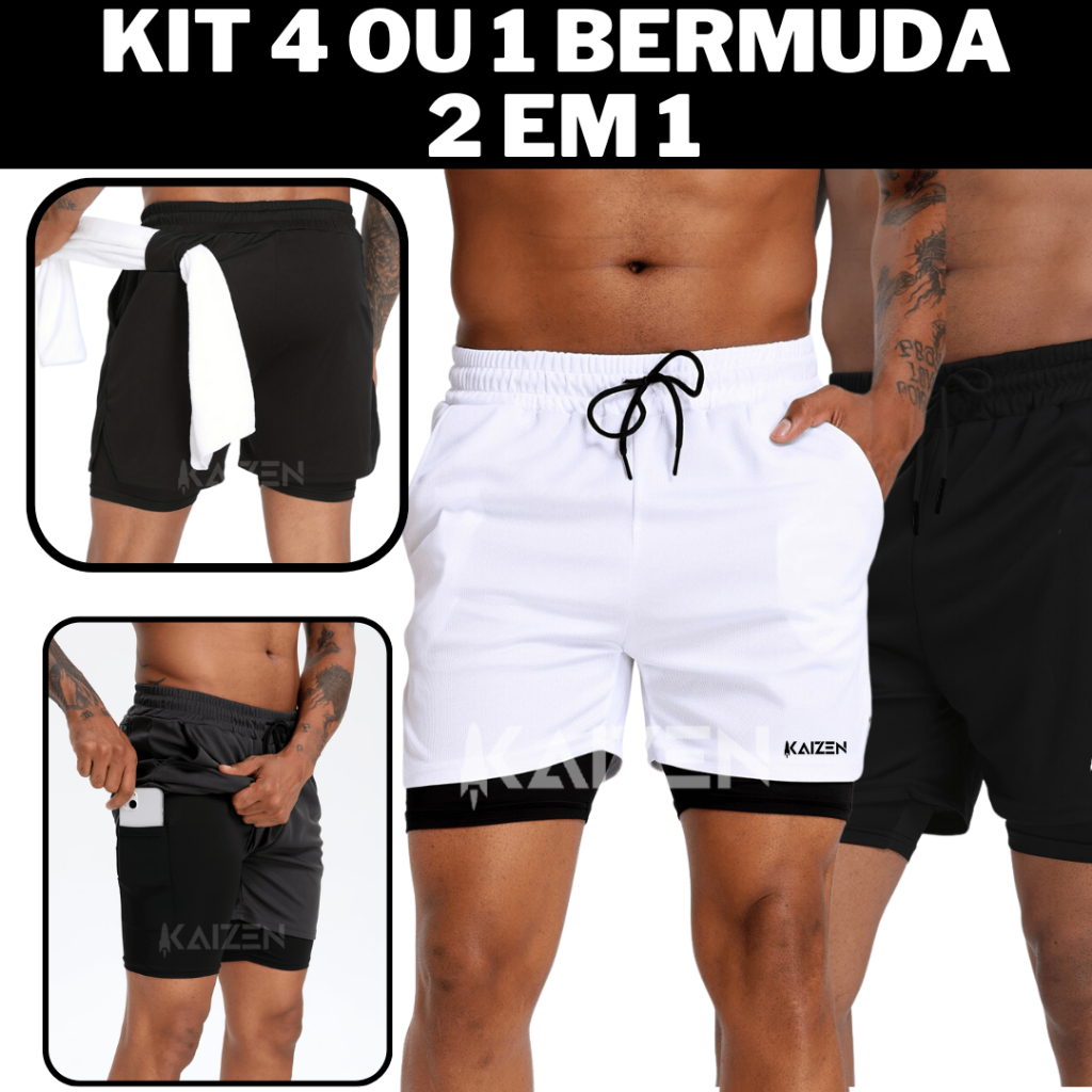 KIT 4 ou 1 shorts masculino 2 em 1 para academia e corrida bermuda dupla academia esporte fitnes