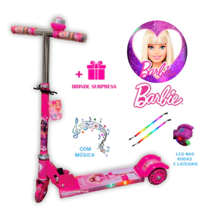 Patinete Barbie Rosa Musical Infantil Menina Led 3 Rodas e Laterais Ferro Freio Metal Buzina 40kg
