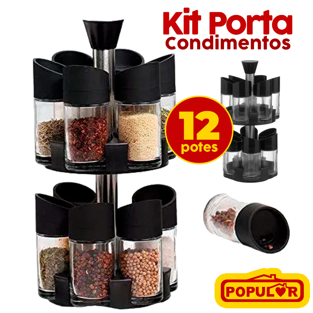 Porta Condimentos Temperos Giratório 12 Potes Tampa Dosadora Preto