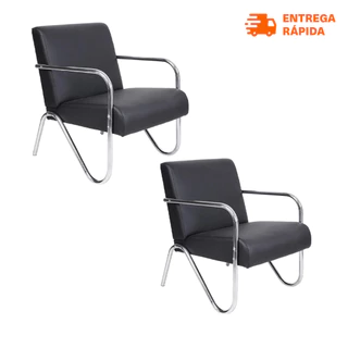 KIt 2 Poltronas Cadeiras Decorativa Estofada Paris Recepção Consultório Sala Corino Braços Alumínio