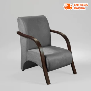 Poltrona Cadeira Decorativa Estofada Roma Sala Recepção Consultório Clínica Suede Braço de Madeira
