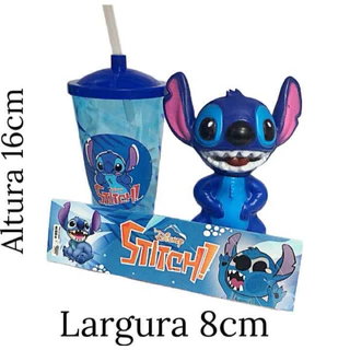 Boneco Stitch Azul 14 cm + Copo Acrílico com Canudo