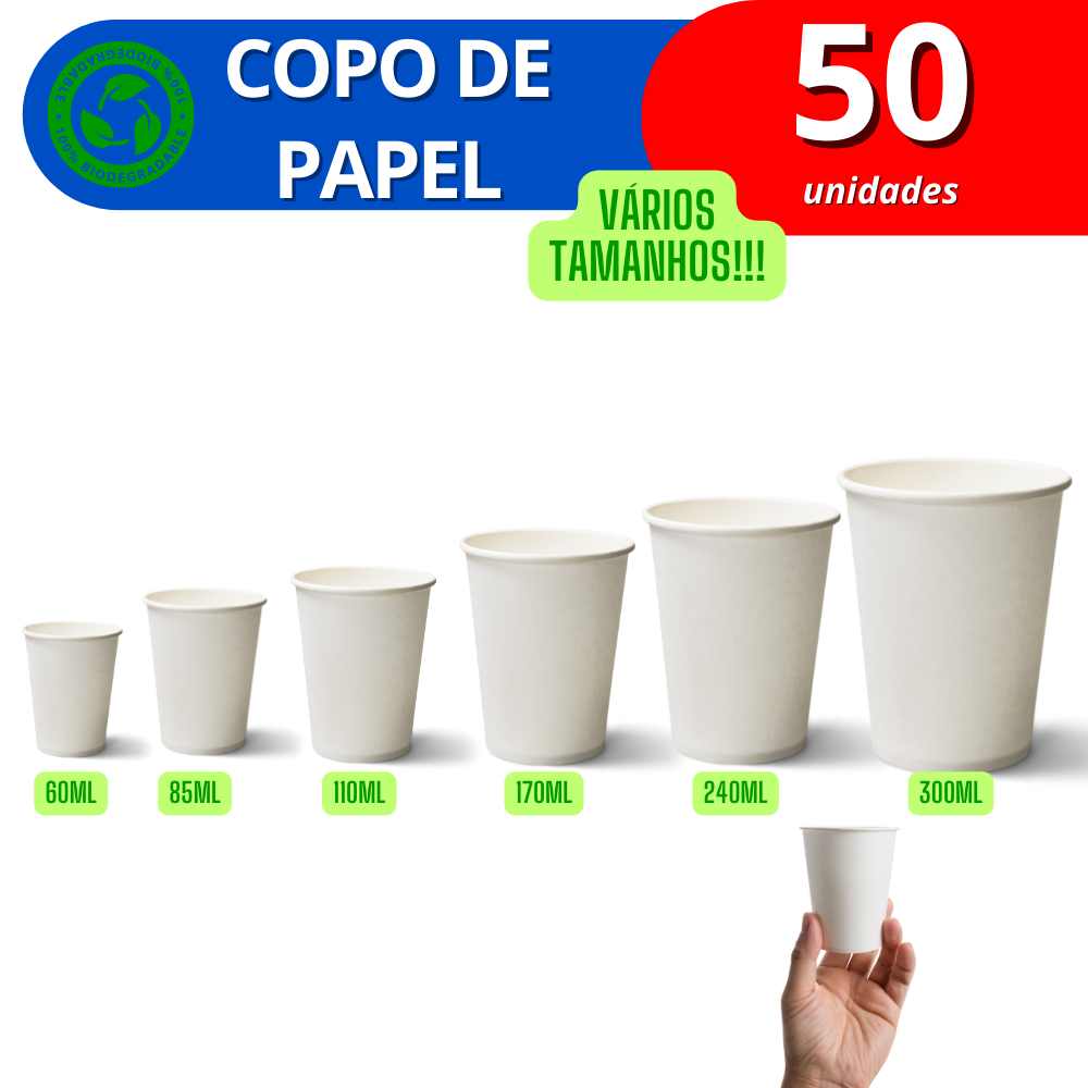Copo de papel biodegradável branco 50 unidades - 60ml / 85ml / 110ml / 170ml / 240ml / 300ml