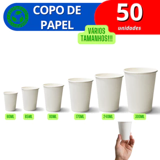 Copo de papel biodegradável branco 50 unidades - 60ml / 85ml / 110ml / 170ml / 240ml / 300ml