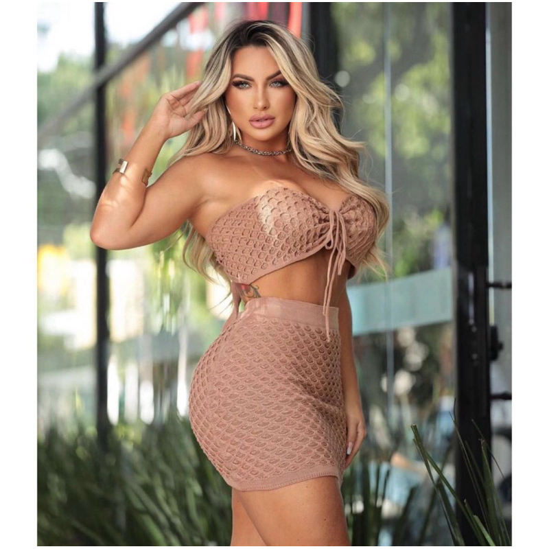Conjunto Modal Vestido Crochê Ciganinha Tricot Saia e Top