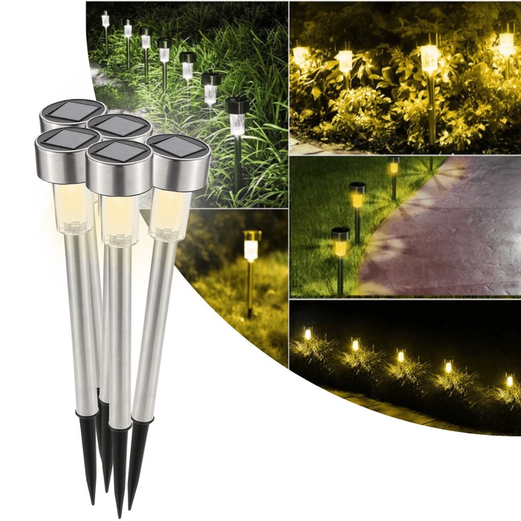 Kit 10 Luminaria Solar Balizador Espeto Led Chão Prata Decoração Jardim Quintal
