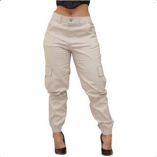 Calça Jogger Cargo Femenina Com Bolso Lateral Bege Com Lycra
