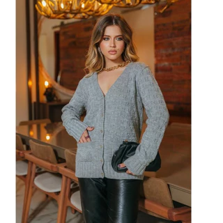 Casaco Bolso Lã Botões trança tricô inverno manga longa tricot