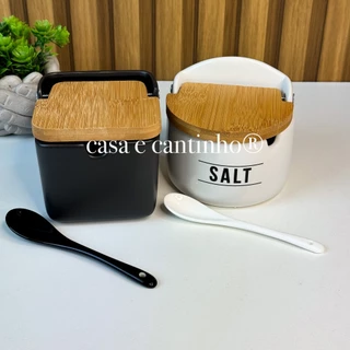 Saleiro de Cozinha Cêramica Porcelana Mesa Com Colher Porta Condimento Preto Branco Tampa de Bambu