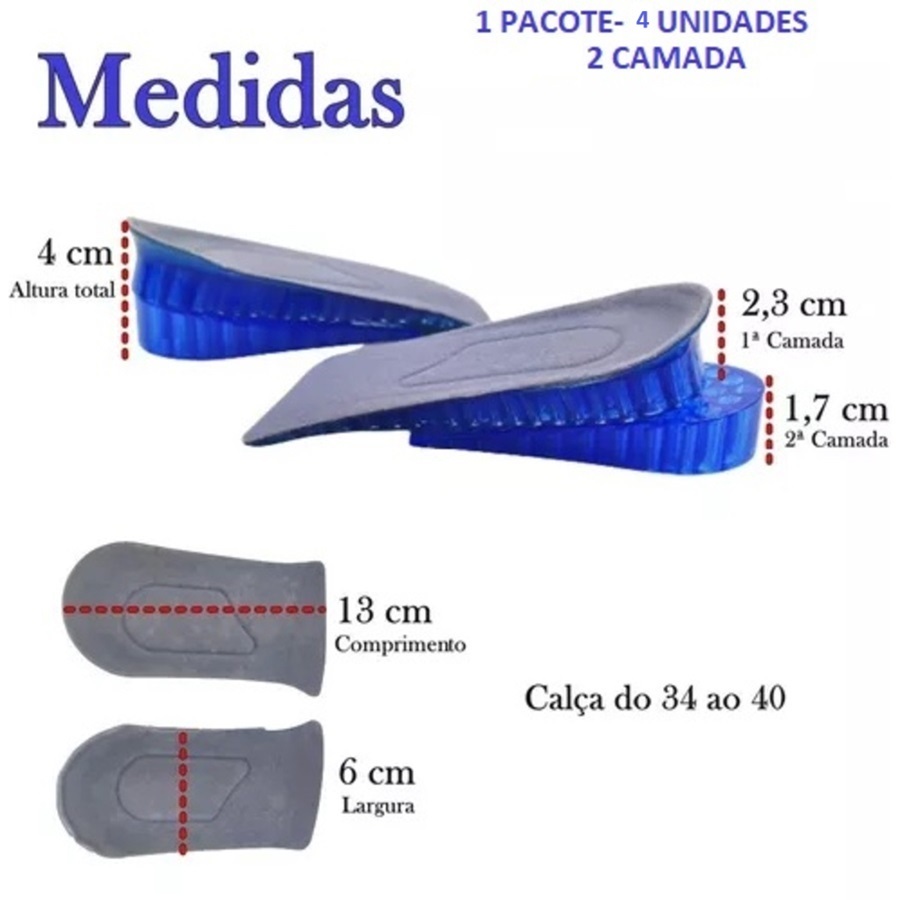 Par De Palmilhas De Silicone Aumento De Até 4cm De Tamanho Elevação De  Altura Calça Dos 34 Aos 40 Gel Esporão Calcanhar