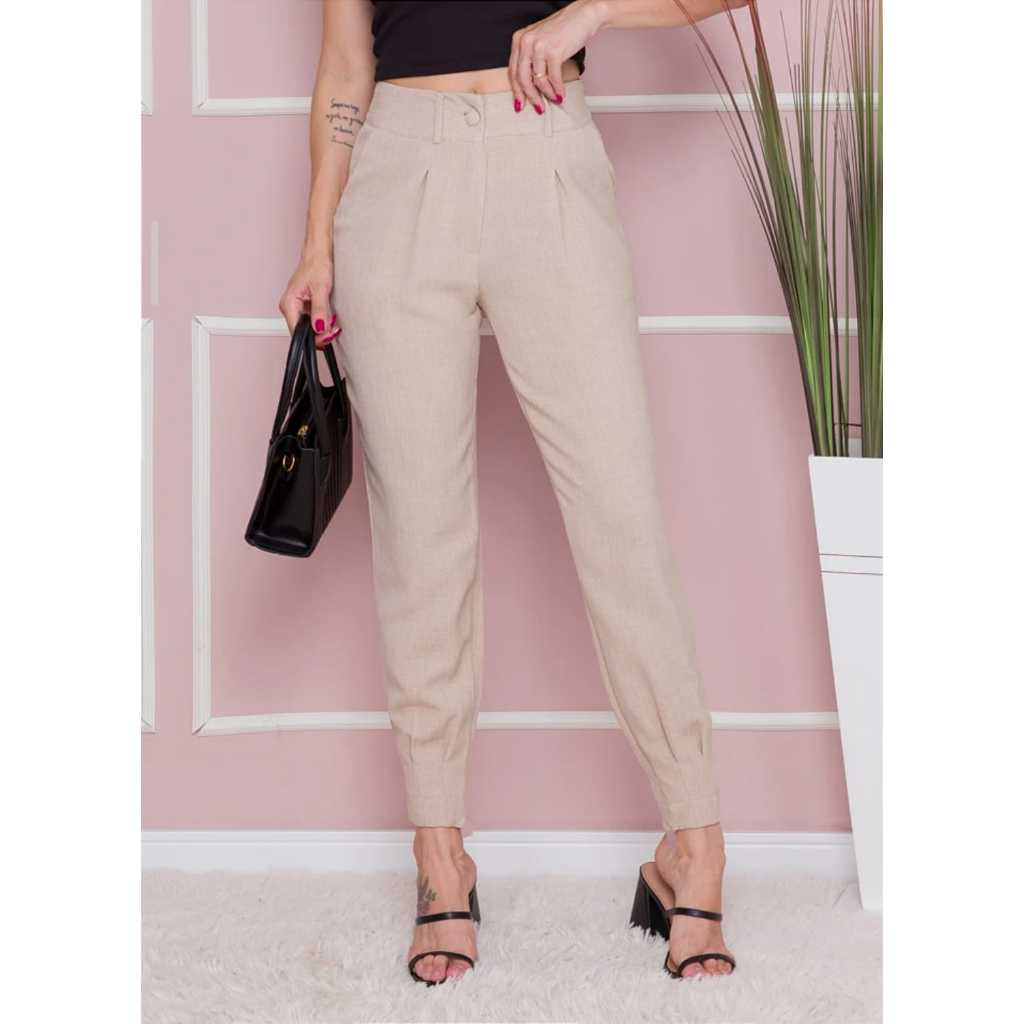 Calça Feminino Linho Cenoura plissada cintura alta Elegante linhão