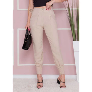 Calça Feminino Linho Cenoura plissada cintura alta Elegante linhão