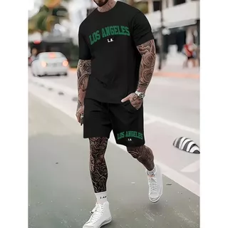 Kit Camiseta Básica Los Angeles L.A. (FRENTE) Masculina Feminina Algodão Camisa Costura Reforçada Unissex StreetWear + Bermuda Los Angeles L.A. (BARRA) Moletom Masculina Short Treino Academia Esporte Fitness Casual com Bolso