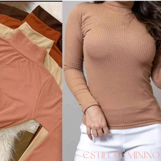 Kit 3 Blusa Feminina Com Gola Manga Longa Canelada Moda Blogueira Segunda Pele