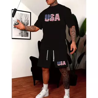 Conjunto Camiseta Básica USA (FRENTE) Masculina Feminina Algodão Camisa Costura Reforçada Unissex StreetWear + Bermuda USA (BARRA) Moletom Masculina Short Treino Academia Esporte Fitness Casual com Bolso