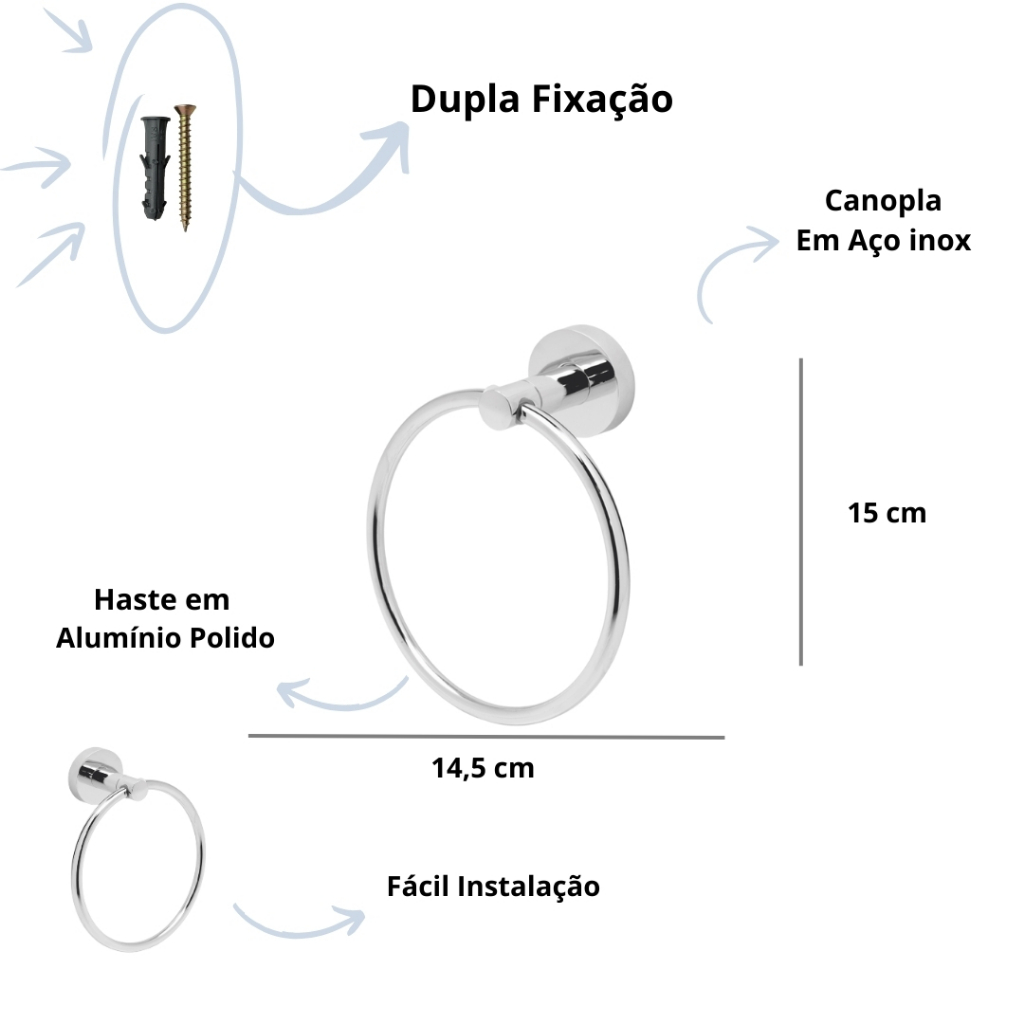 Porta Toalha de Rosto Mãos Argola Aço Inox