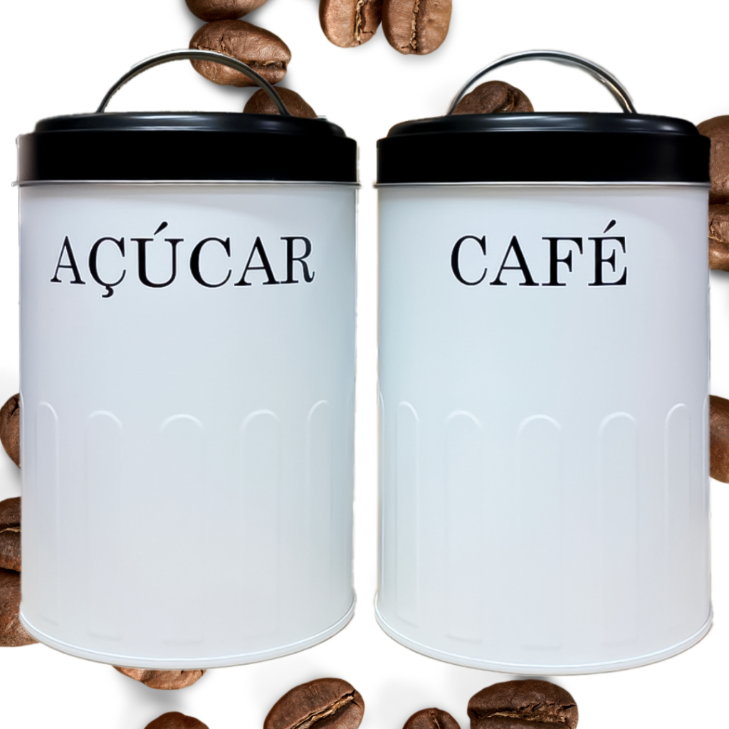 Kit Completo 2 Potes Organizadores 1kg Café Açúcar Lata Ferro C/ Alça ...