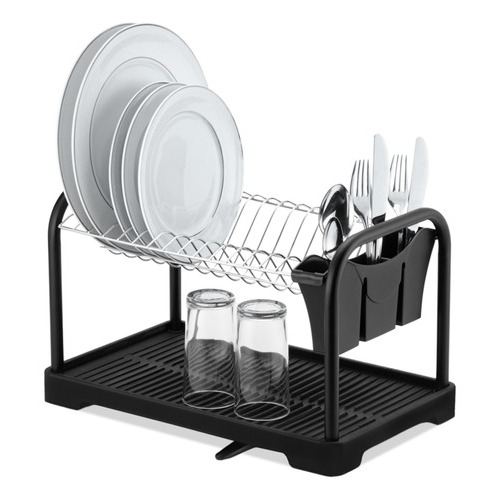 Escorredor com Dreno de Agua Automático e com Porta Talheres 15 Pratos com Suporte de Copos e Bandeja