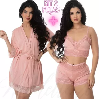 PROMOCAO Kit Conjunto Robe + Baby Doll Renda Sexy Linha Noite Sensual Cropped Magda