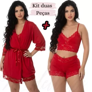 Baby Doll + Robe Sensual Linha noite Sexy Renda Blusa Cropped Magda