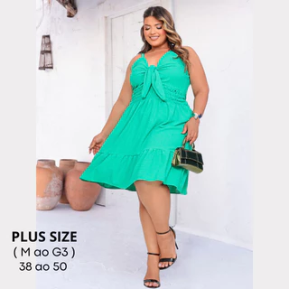 Vestido Plus Size Feminino Rodado Decote Em V Alça Regulável Tecido Crepe Duna