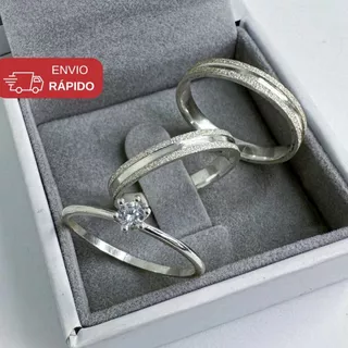 Par de Aliança De Namoro Prata 3mm Dois Frisos Diamantada + Solitário Anel Compromisso Aço Inox 316L