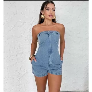 Macaquinho Feminino Jeans Claro ou Escuro Tomara que Caia Curto