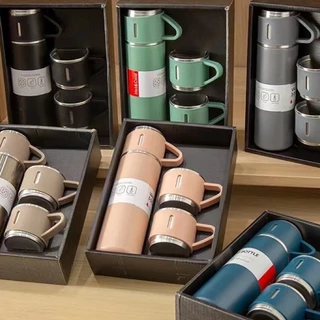 Garrafa Térmica Inox 500ml Com Kit 3 Xícara Café Chá Camping Viagem Botão Click Caixa De Presente