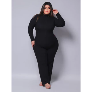 Macacão Pantalona PAZME Plus Size Manga Longa Decote Regula