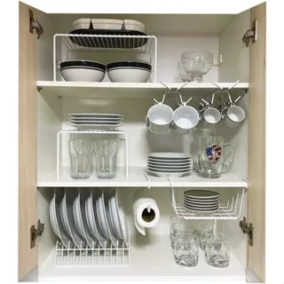 Kit Organizador de Armário Aramado de Cozinha Suporte de Prato Xícara Cesto 7 Peças