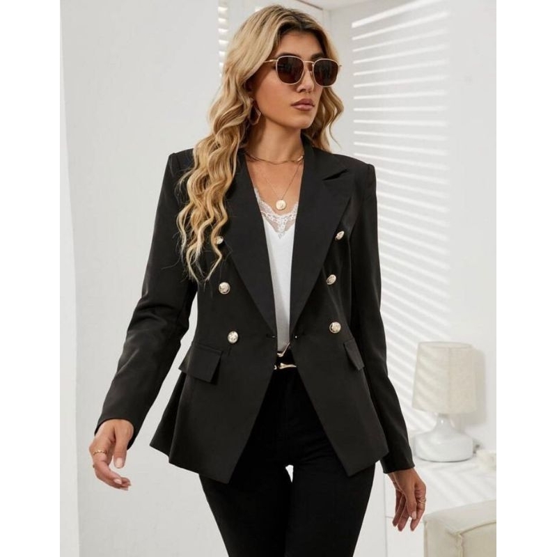 Blazer Feminino Preto Casaco Alfaiataria Com Botões Blaser Elegante ...