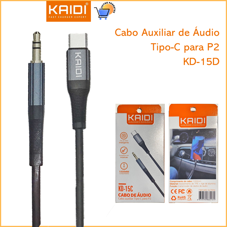 Cabo Auxiliar de Áudio Tipo-C para P2 KAIDI KD-15C