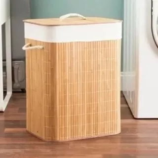 Cesto de Roupa Suja Lavanderia em Bambu com tampa Retangular Forrado com Alça Brinquedo Quarto Banheiro Dobrável