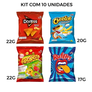 Kit com 10 salgadinhos Sortidos Doritos Ruffles Chettos Fandangos Elma Chips