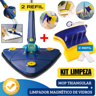 MOP Giratório Limpeza Triangular com 2 REFIL + Limpador de Vidros Magnético 2 REFIL - KIT LIMPEZA