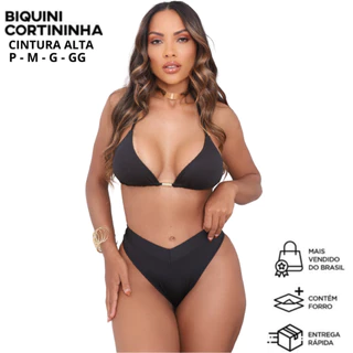 Biquíni EFEITO LIPO Top Cortininha Calcinha Asa Delta Cintura Alta de Cós em Oferta na Shopee