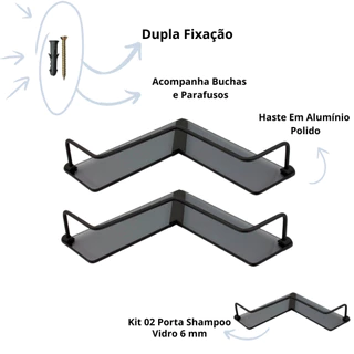 Kit Porta Shampoo L Preto Fosco Vidro Fumê Prateleira de Canto