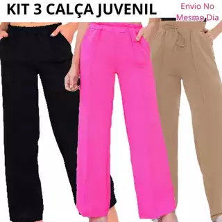 KIT 3 CALÇAS FEMININA JUVENIL infantil pantalona duna com amarração e bolsos moda blogueirinha moda gringa wide leg promoção
