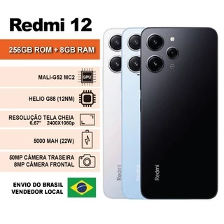 Celular Xiaomi Redmi 12/ 256GB 8GB Memoria RAM (Global) Bateria 5000 mah/ Tela 6.79" Polegadas/ Carregamento 22W , Câmera 50MP , Processador Helio G88, Mali G52 MC2, com Capa de silicone, carregador, cabo de dados, chave, 2400 X 1080P, Black/ Silver/ Blue