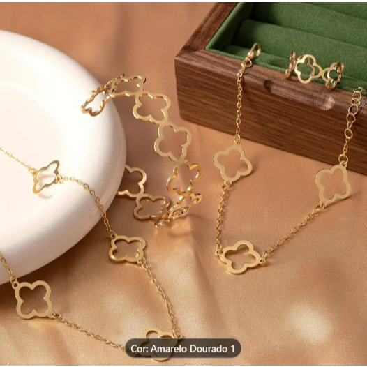 conjunto de colar trevo elegante classsico 4 peças banhado a ouro TDCC9